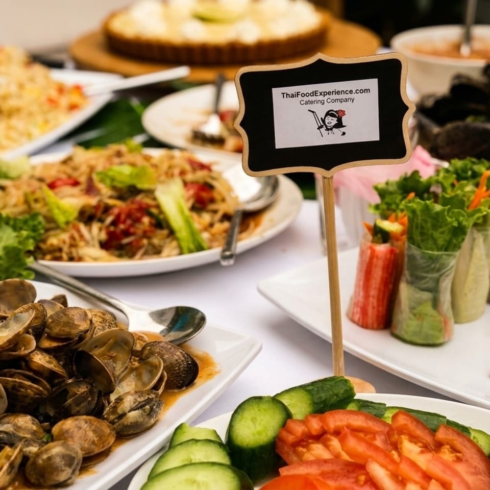 A buffet spread of Thai dishes, including clams, spring rolls, fried rice, and papaya salad.