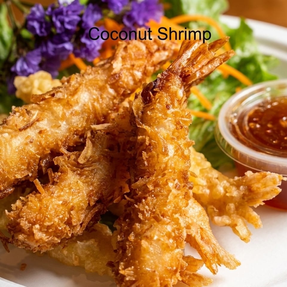 Golden-brown coconut shrimp with a side of sweet chili dipping sauce and a garnish of greens.