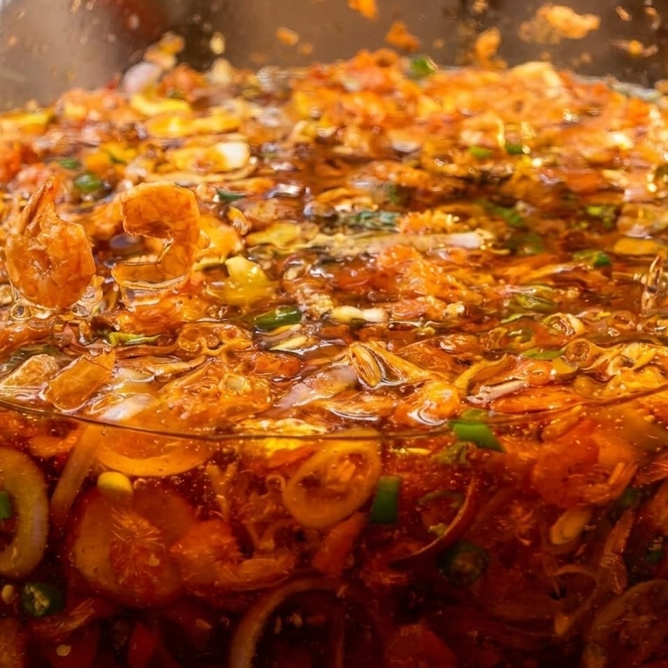 Close-up of a large glass jar filled with a spicy, oily mixture of shrimp, chilies, and onions.
