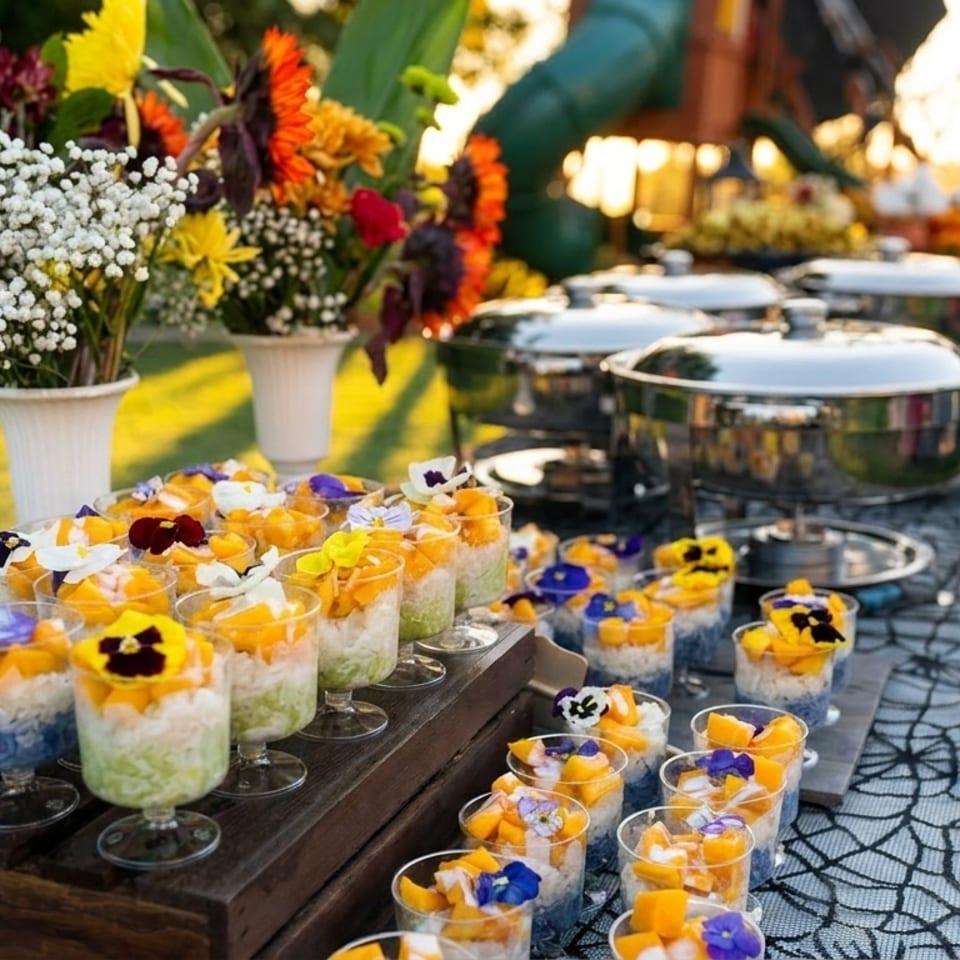 Outdoor buffet table with mango sticky rice desserts, floral arrangements, and chafing dishes.