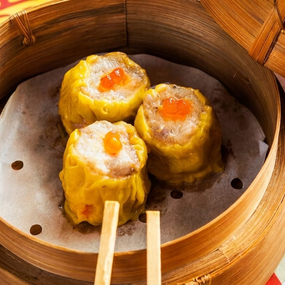 Three steamed dim sum dumplings with orange roe in a bamboo steamer with chopsticks.