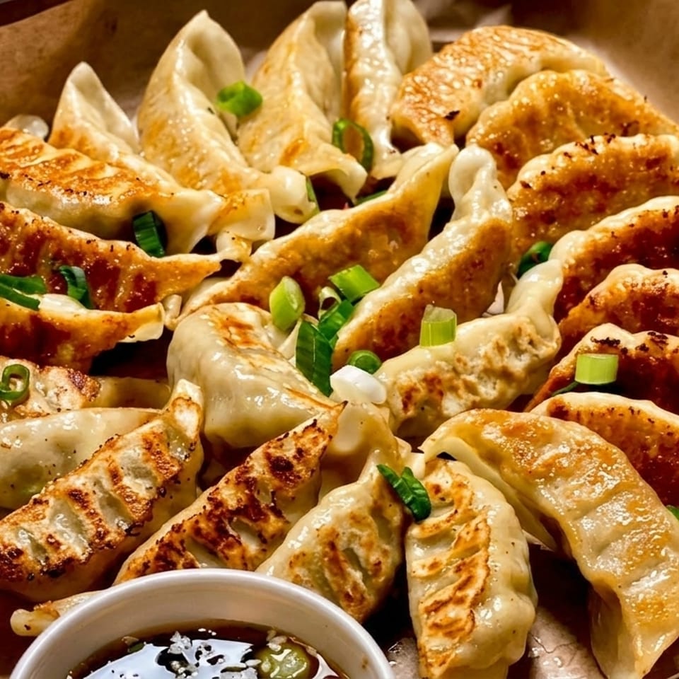 Pan-fried dumplings with crispy bottoms and green onion garnish, served with a dipping sauce.