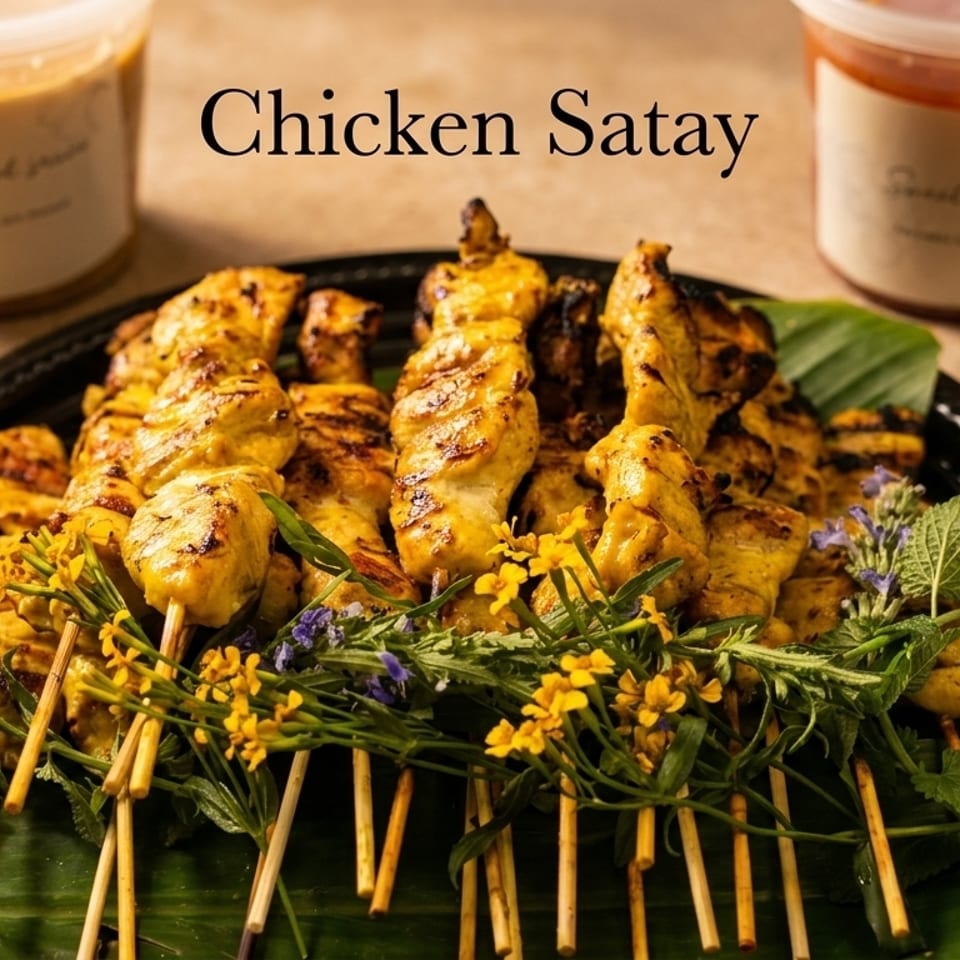 Grilled chicken satay skewers on banana leaves with herbs, flowers, and two sauce containers.