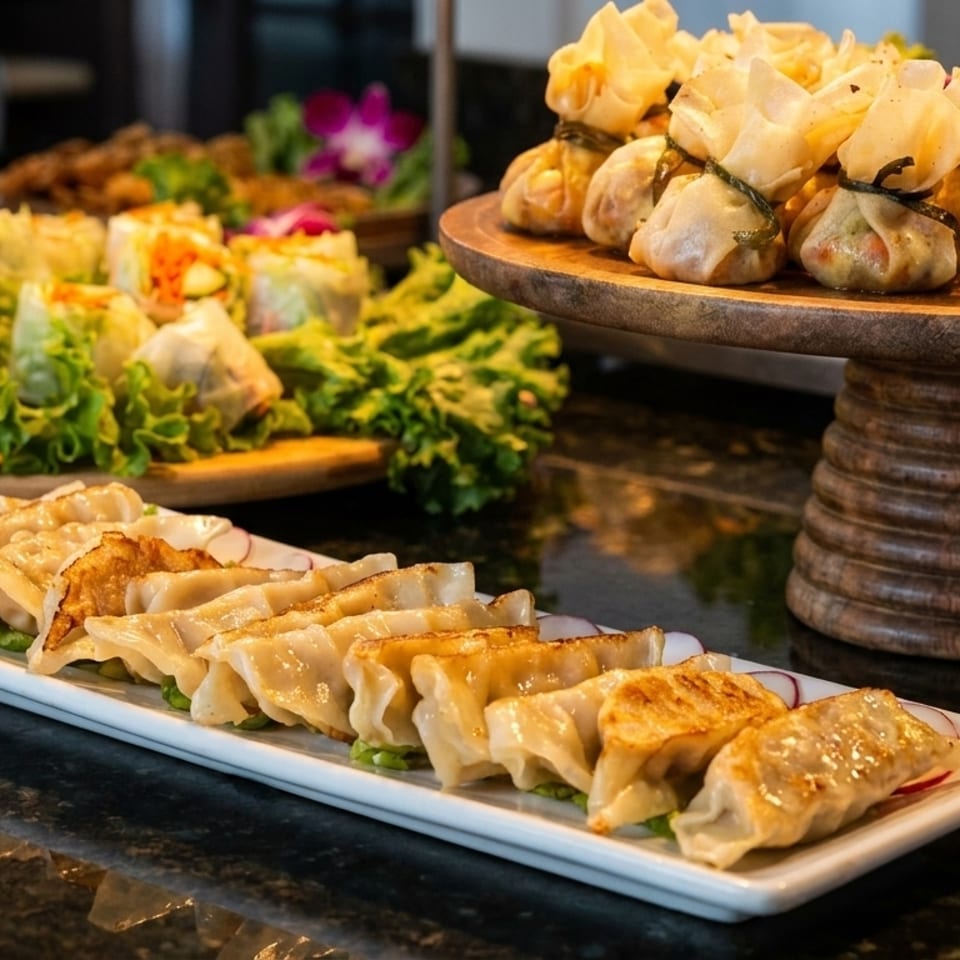 A buffet spread with spring rolls, dumplings, and money bags on a dark countertop.