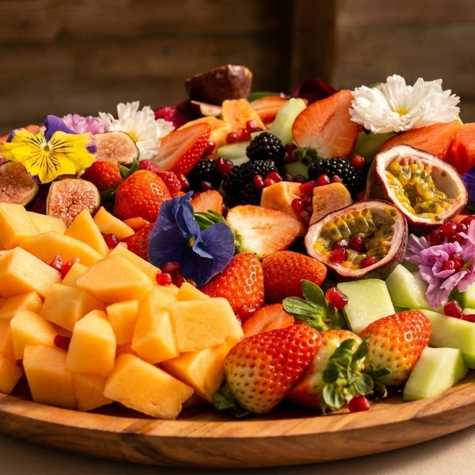 A vibrant wooden platter overflowing with fresh fruit, including melon, berries, figs, and passion fruit, garnished with edible flowers.